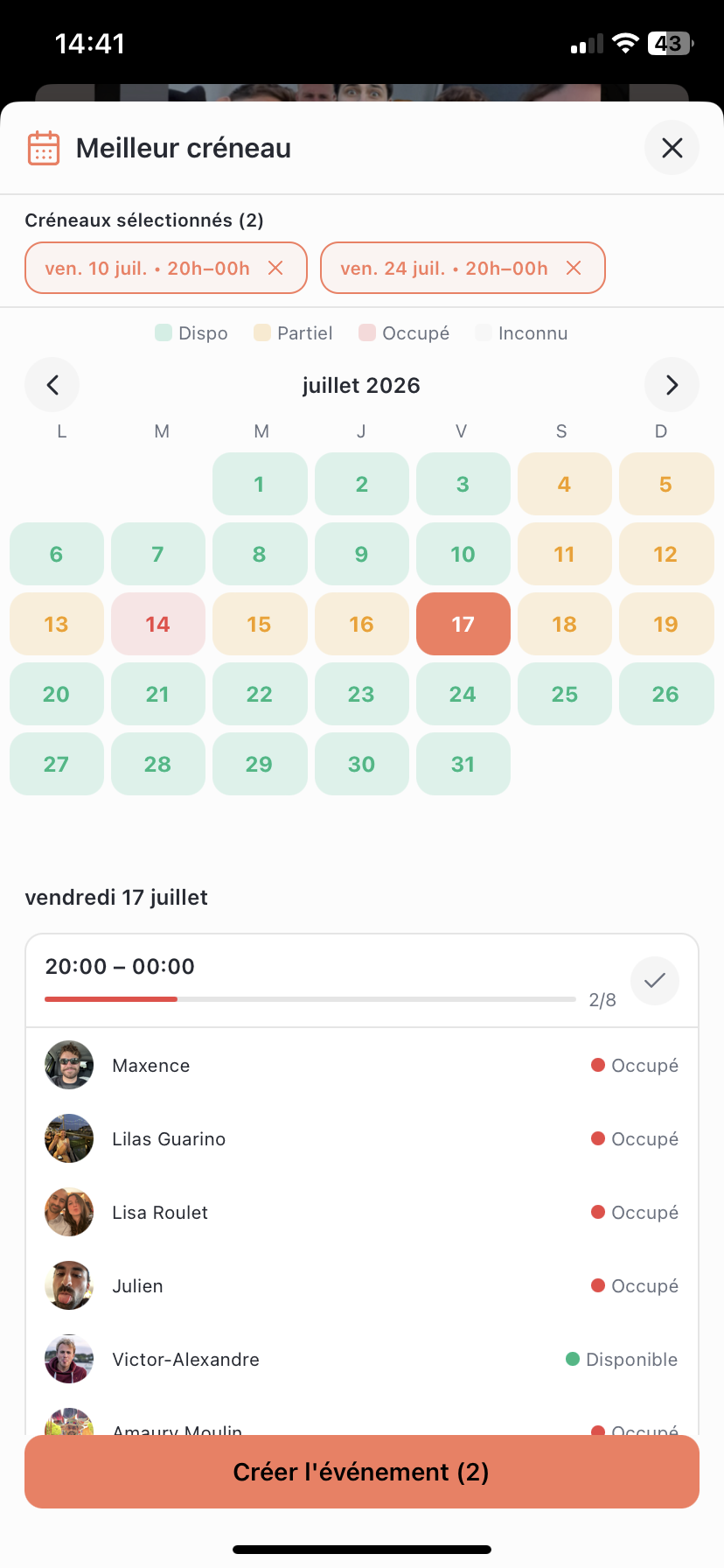 To Gather app — Best slot screen: your friends' availability on the calendar